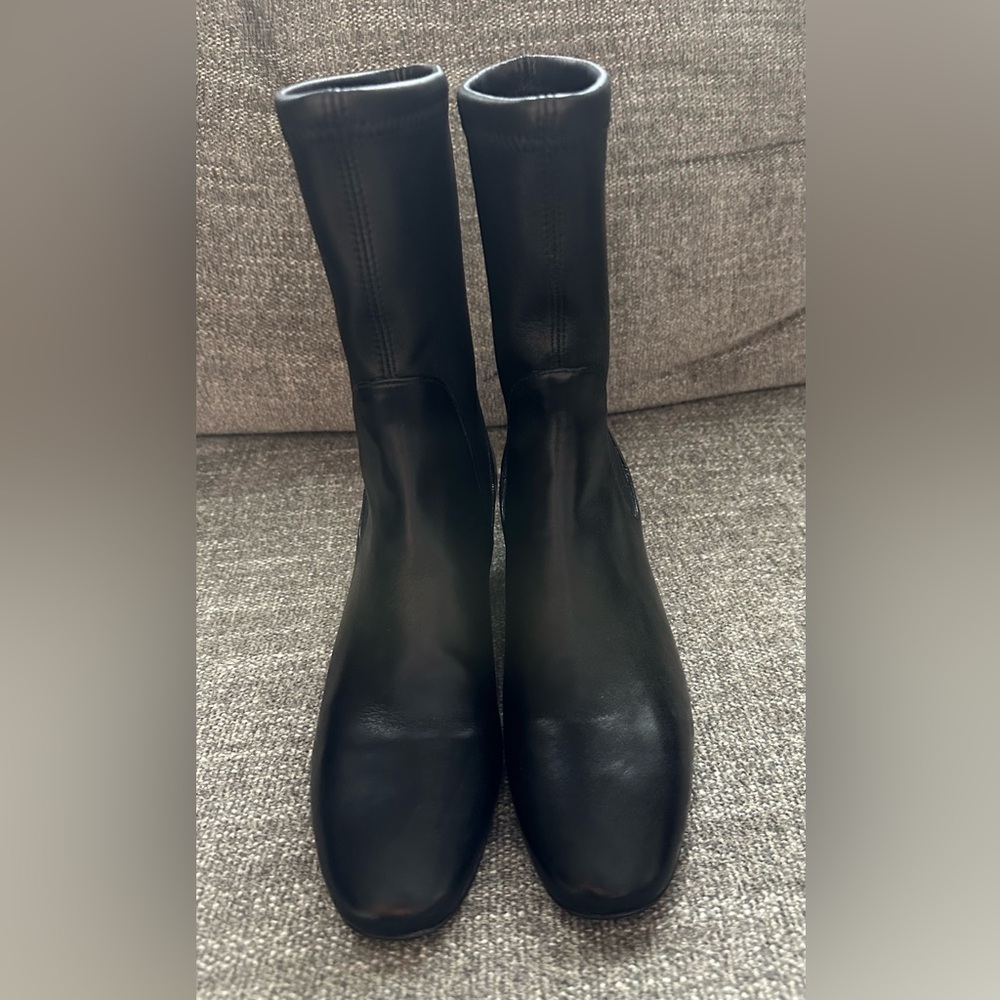 STUART WEITZMAN Ladies Black Leather Ankle Boots Block Chunk Heel